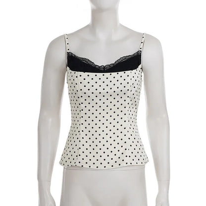 Chic Lace Patchwork Polka Dot Camis Tops Elegant Sleeveless Tank Tops Summer Casual Daily Wear Streetwear Camisole 2026