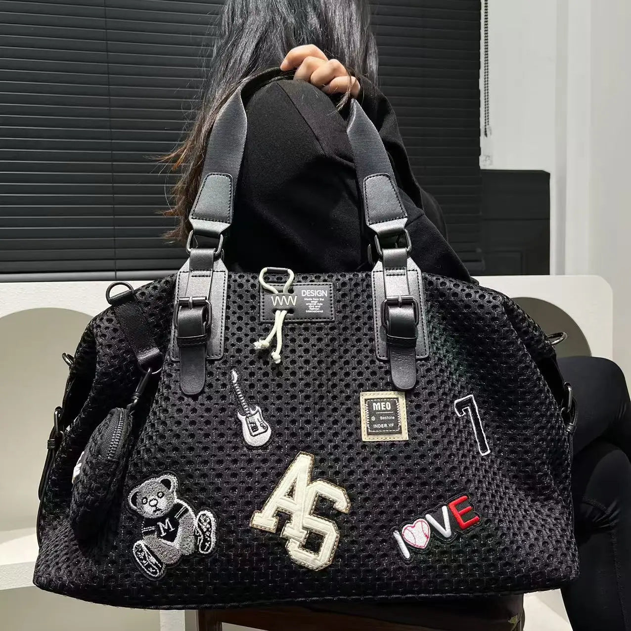 Fashionable women's mesh nylon adhesive tote bag, large capacity splicing shoulder bag, short distance travel casual handbag