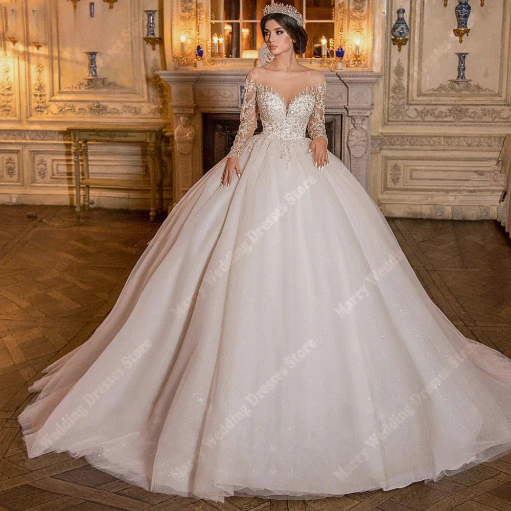 Elegant A-Line Women Wedding Dresses Bright Lace Appliques Bridal Gowns Long Sleeves Princess Vestidos De Novias Boda Customized