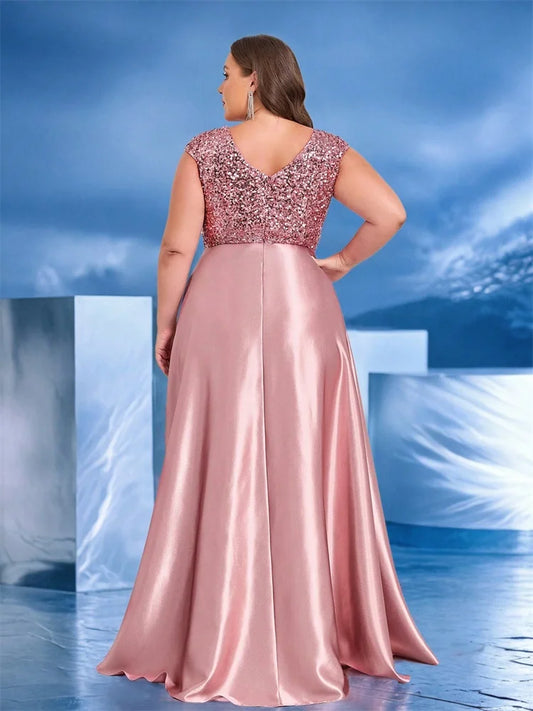 Plus Size Elegant V-Neck Green Sequin Evening Dress Long Luxury Women Satin Short Sleeves Party Prom Cocktail Prom