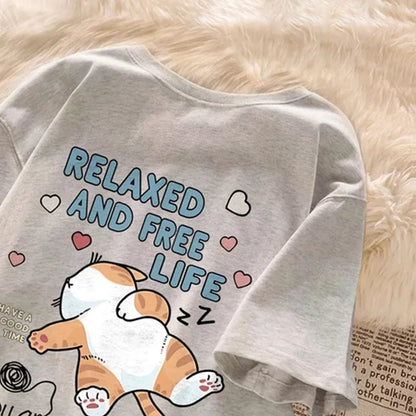 Cute Cartoon Lazy Cat Letter Print Summer Couple Short Sleeved T-shirt Loose Casual Women's Top