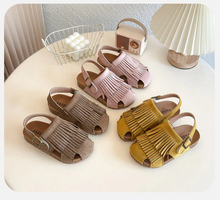 Summer Anti-Slippery Kids Suede Sandals for Girls Non-Slip Closed Toe Toddler Beach Shoes with Cute Tassels School Casual Wear