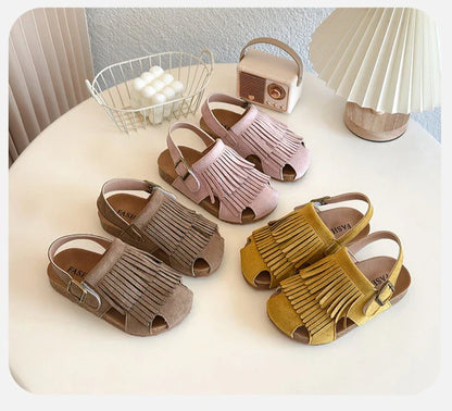 Summer Anti-Slippery Kids Suede Sandals for Girls Non-Slip Closed Toe Toddler Beach Shoes with Cute Tassels School Casual Wear