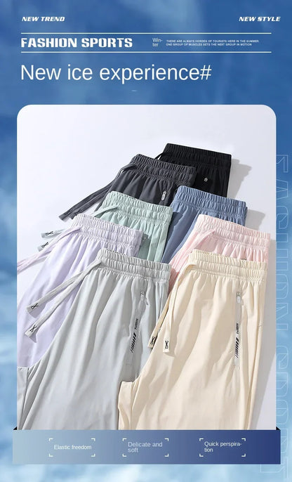 New High Quality Ice Silk Men's Women's Pants Summer Thin Loose Quick Drying Breathable Sports Straight Leg Tie Casual Pants