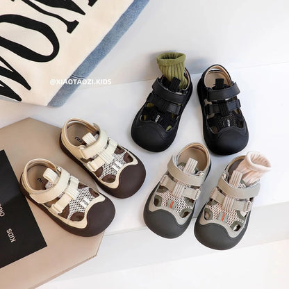 Children Sports Sandals Versatile Kids Causal Cut-outs Sandals Summer Fashion Boys Girls Patchwork Mesh Beach Shoes Black Beige