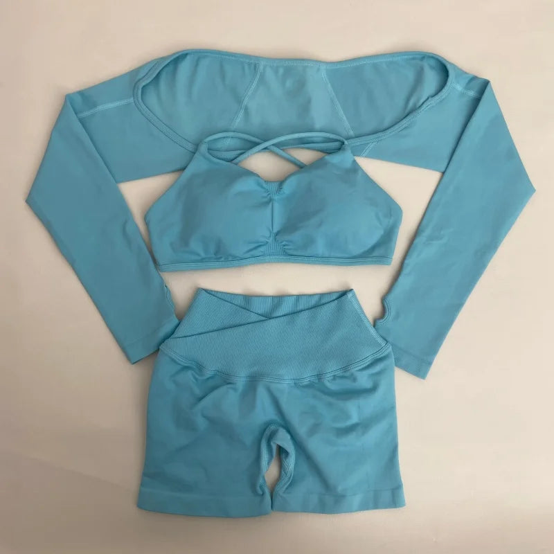 Yoga Vision Shrug 3 Pieces Top Leggings Gym Set Women's Seamless High Elastic Longline Vest Buttock lift  Exercise Shorts Set