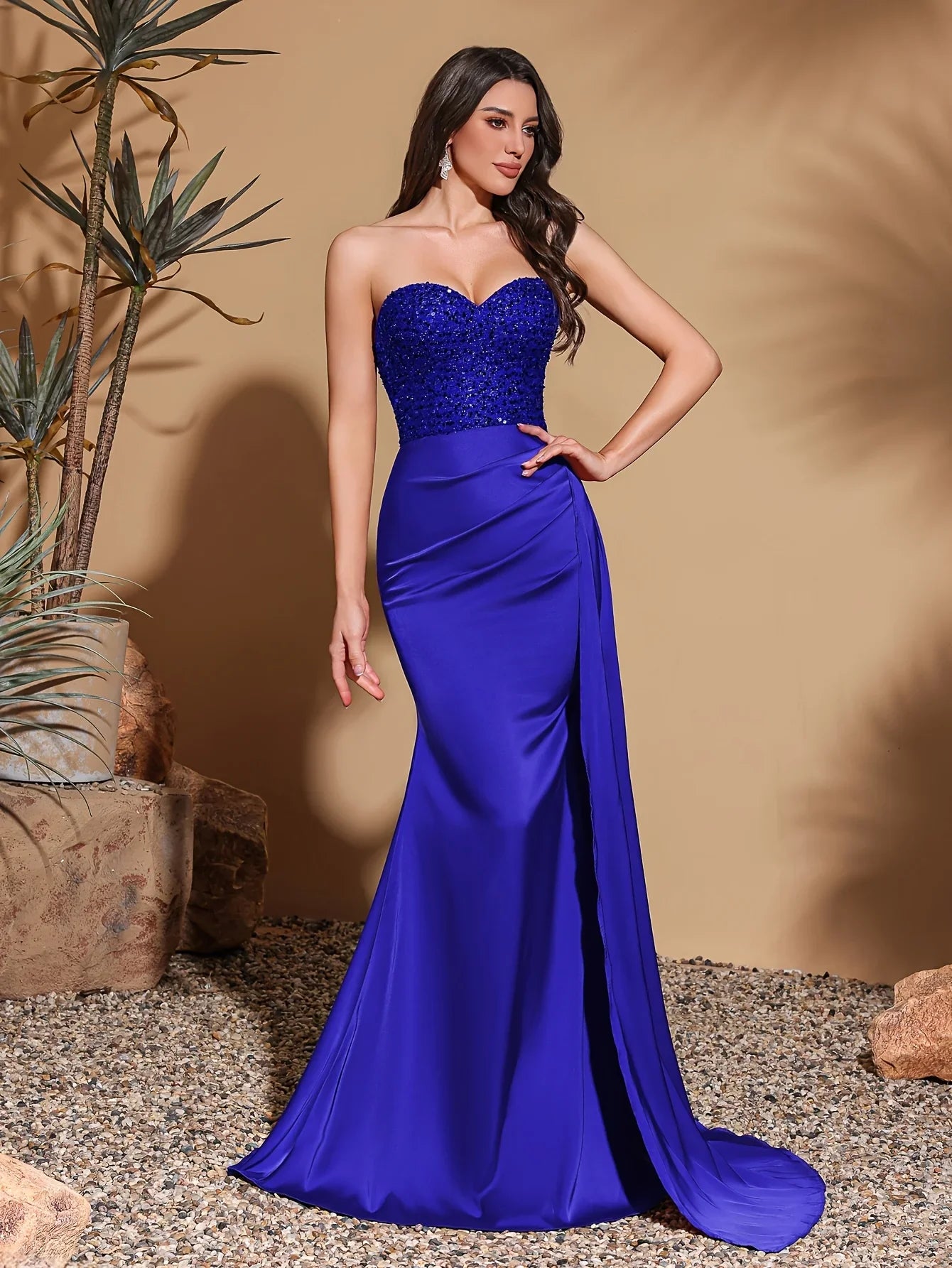 Satin waist pleated side flaps floor-length skirt, sequined spliced tube top dress
