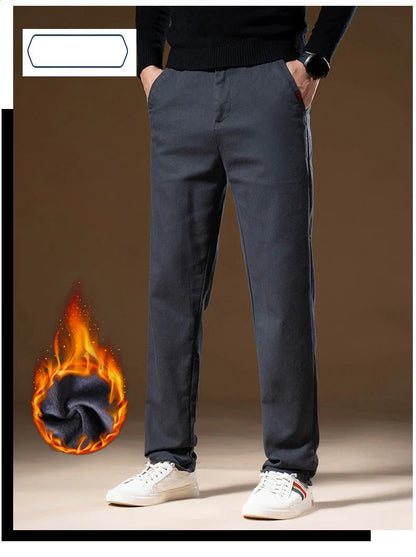 Korean Business Casual Fleece Men Pants Winter Thickened Straight Thermal Casual Pants Male Fashion Stretch Warm Velvet Trousers
