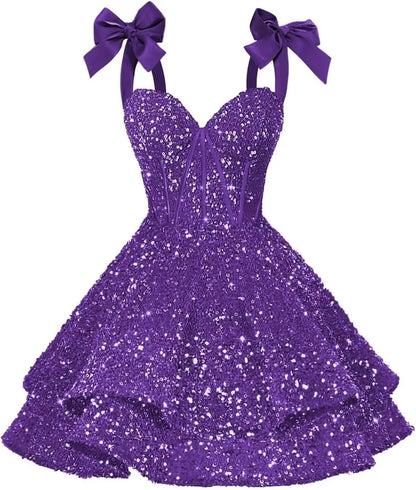 Sparkly Sequin Bows Homecoming Dresses 2026 Short Spaghetti Straps Tiered Satin Sweet Prom Cocktail Dress Graduation Dress