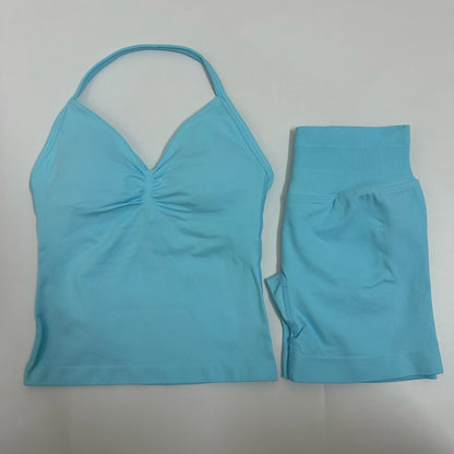 Yoga Set Women Padded Halter Tank Top Scrunch Butt Lifting Gym Shorts Set Summer Sportswear Workout Clothes