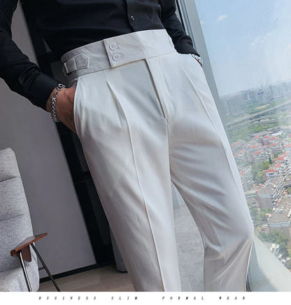 Men British Style Suits Pants New Male Solid High Waist Trousers High Quality Men Formal Slim Fit Business Casual Suit Pants