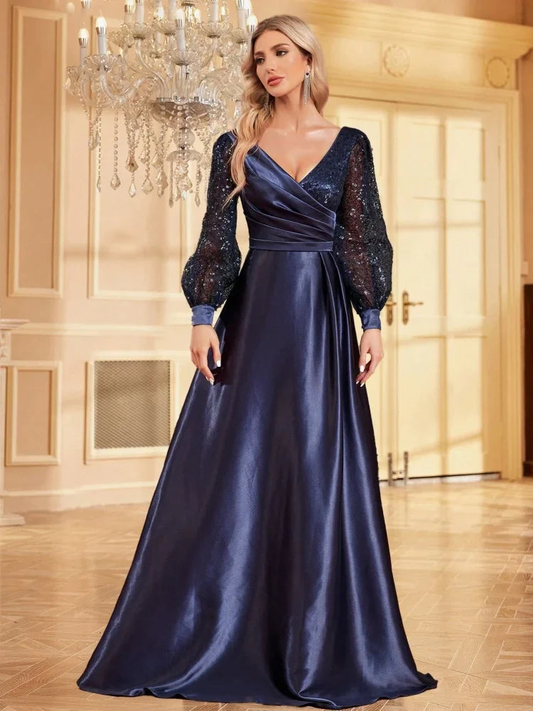 Luxury Blue V-Neck SequinS Evening Dress 2025 Elegant Women Party Maxi Dress Long Sleeve Cocktail Dress Prom Graduation Gowns