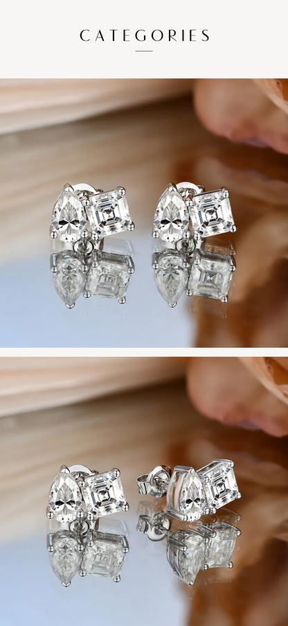 Moissanite Silver 925 Earrings Pear Asscher Shape VVS1 Stud Earring for Women 2023 Trending Wedding Gift Fine Jewelry