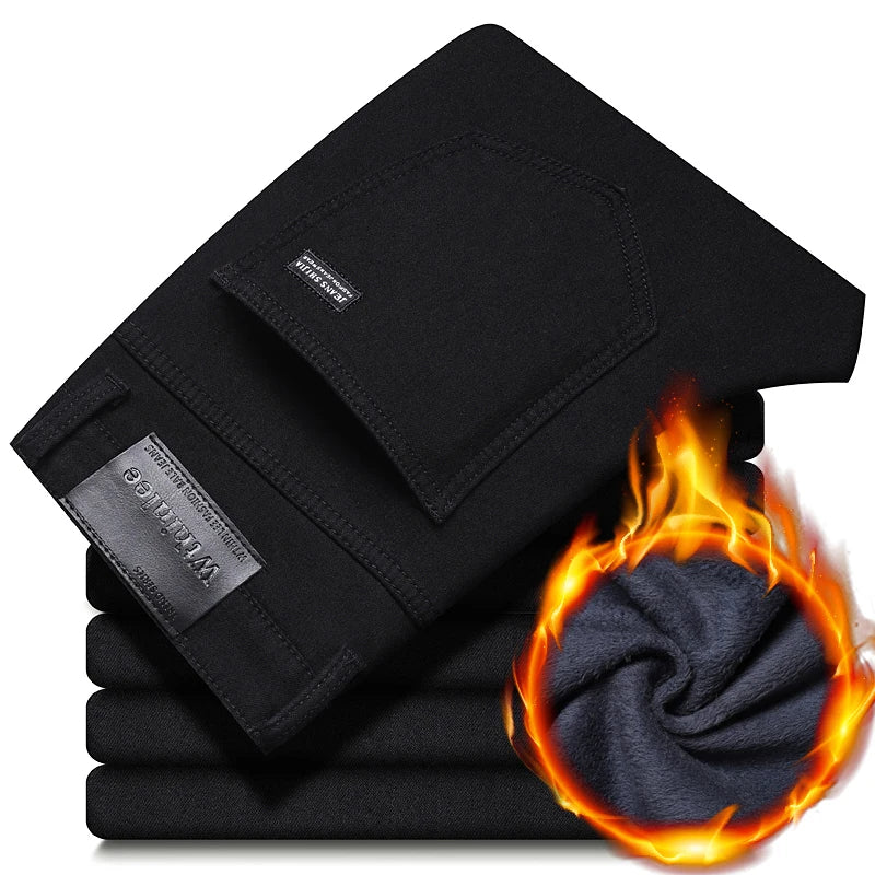 Winter Men Black Straight Stretch Denim Thick Velvet Pants Warm Jeans Casual Fleece Line Trousers Male Plus Size