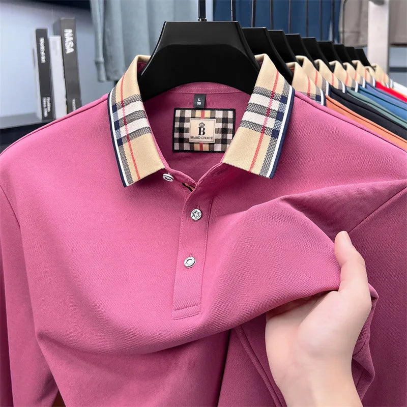 Men's Plaid Long Sleeve Polo Shirt Autumn Winter Casual Office Outdoor Fashion Top Commercial Collar Trendy Men's Clothing