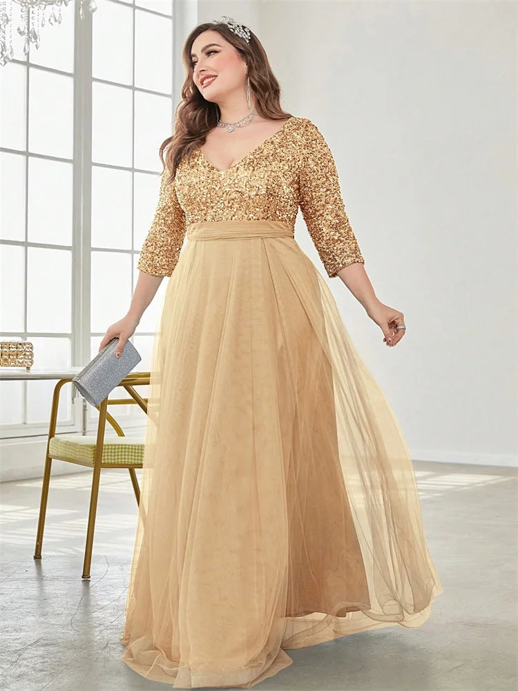 Plus Size Luxury Floor Length V-Neck Evening Dress 2025 Women Elegant Party Maxi Dress Sequin Short Sleeves Prom Cocktail Gown