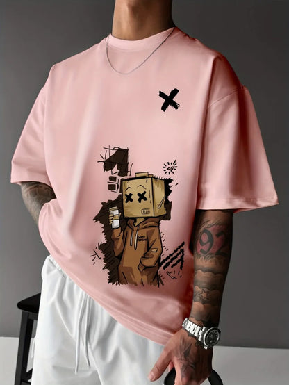 European and American Summer Men's Fashion Cartoon Graffiti Printed Comfortable Breathable Round Neck T-shirt Outdoor Street Top