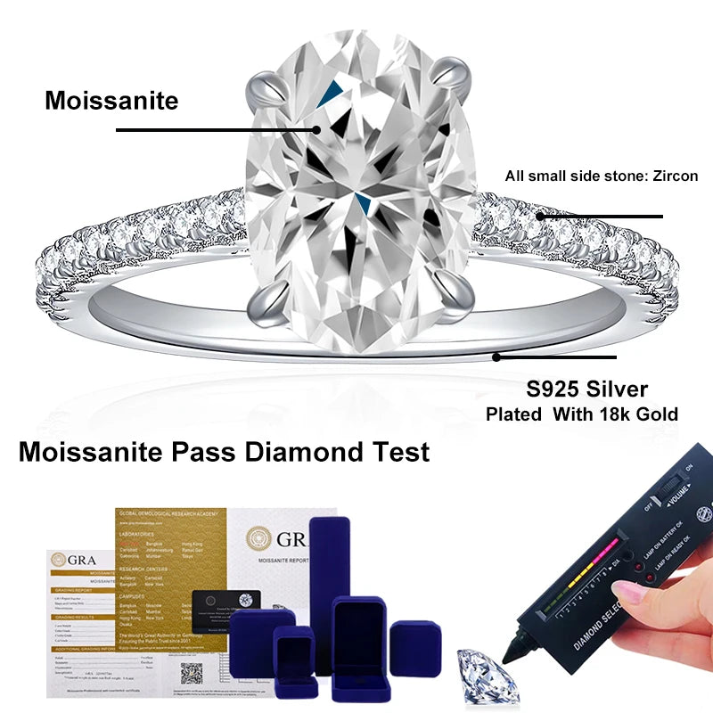 3ct Oval Cut Moissanite Lab Diamond Rings for Women 925 Sterling Silver Proposal Ring Wedding Engagement Band Jewelry