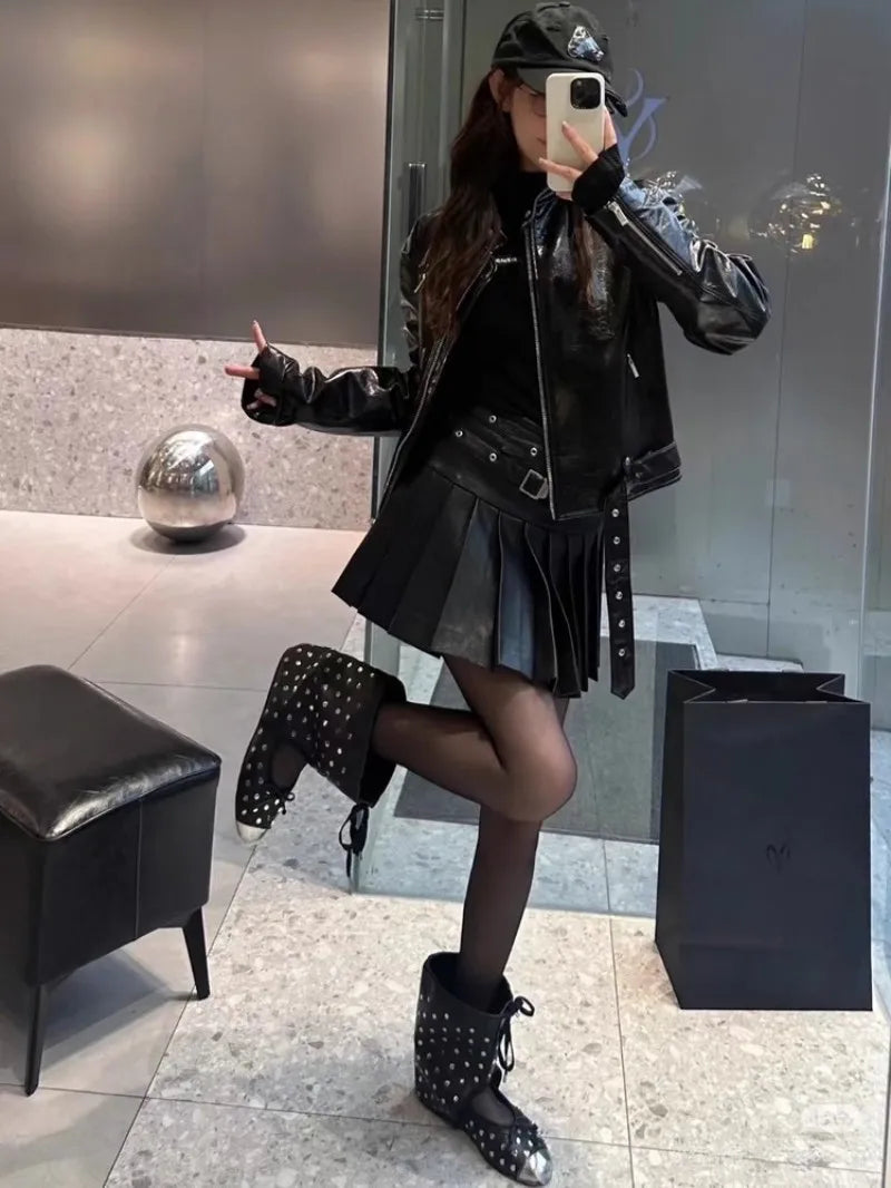 Punk Women Genuine Leather Skirt High Waist Sexy Mini A Line Skirts New Solid Color Ladies Casual Sweet Sheepskin Pleated Skirt