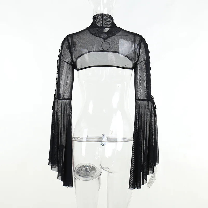 Black Mesh T-shirt Gothic Street Lace-up Punk Ring Flared Sleeves Eyelet Pullover Outer Harajuku Vintage Women Top