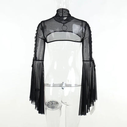 Black Mesh T-shirt Gothic Street Lace-up Punk Ring Flared Sleeves Eyelet Pullover Outer Harajuku Vintage Women Top