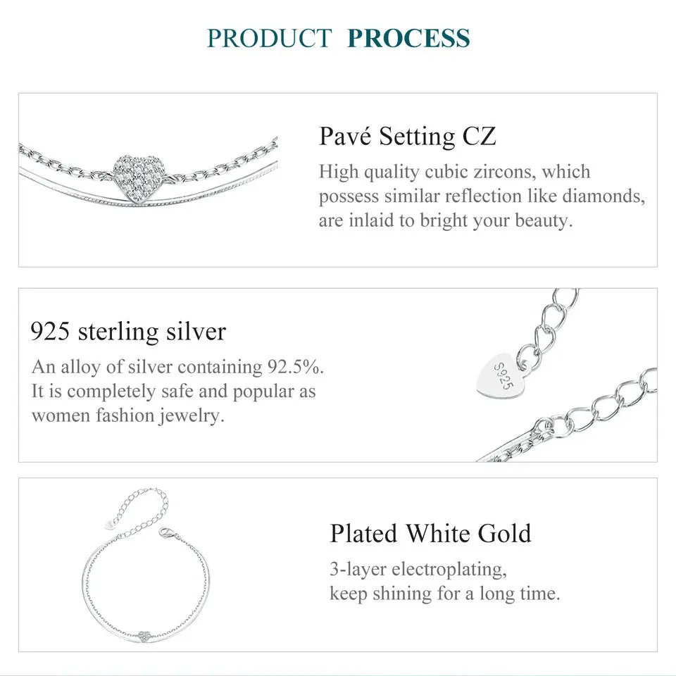 925 Sterling Silver Sparkling Heart Double Layer Bracelet for Women Adjustable Lock Chain Bracelet Fine Jewelry Gift