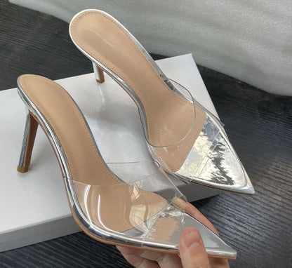 Novas Sandálias Femininas de Salto Alto de Verão Simples Transparentes de Salto Alto, Chinelos de Salto Agulha, Bico Fino, Aberto na Frente, Mules