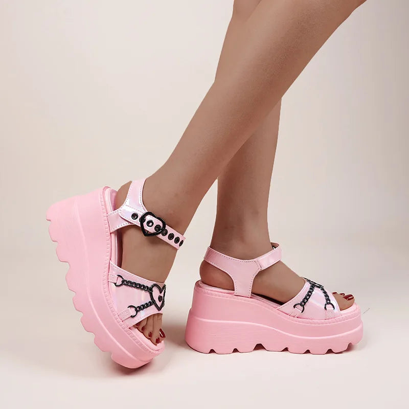 35-42 Plus Size Fashion Slope Heel Women Metal Chain Decoration Sandals Female Platform Buckle Shoes Women's Sandals Tide Shoes