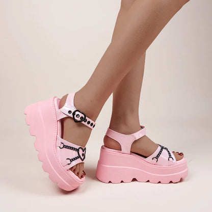 35-42 Plus Size Fashion Slope Heel Women Metal Chain Decoration Sandals Female Platform Buckle Shoes Women's Sandals Tide Shoes