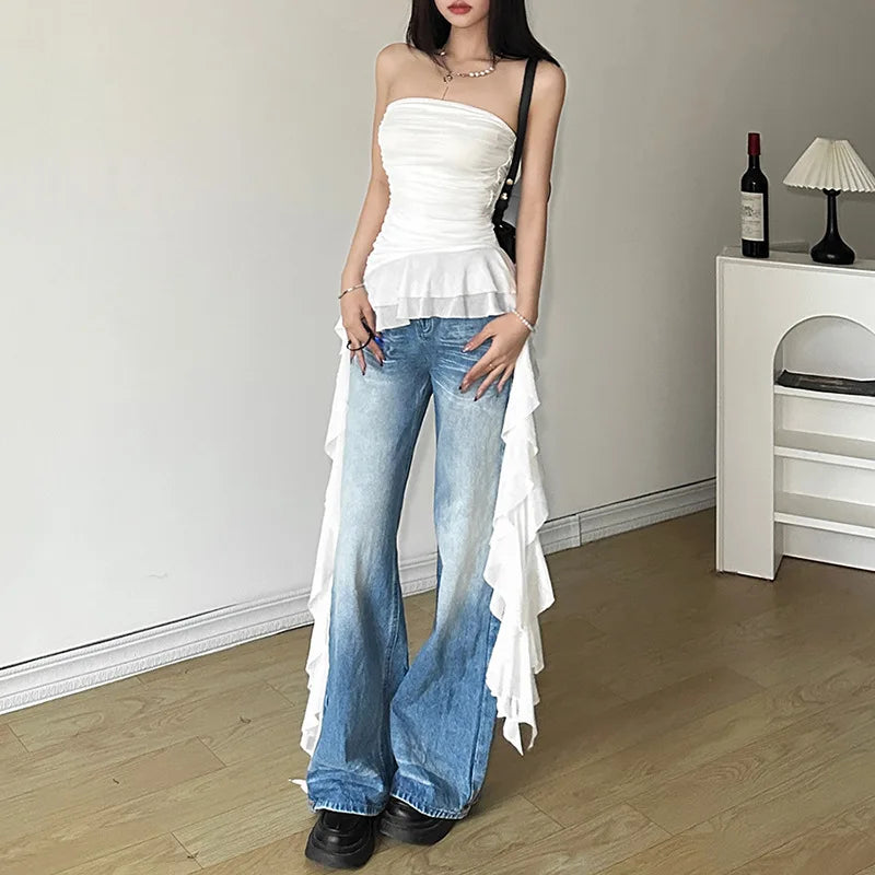 2025 Spring New Solid Color Sweet Gentle Cute All-match High Street Travel Sexy Cool Women Chest Wrap Ruched Tassel Vest