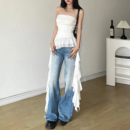 2025 Spring New Solid Color Sweet Gentle Cute All-match High Street Travel Sexy Cool Women Chest Wrap Ruched Tassel Vest