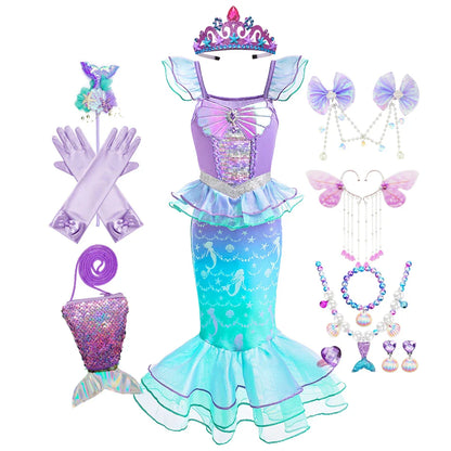 Ariel Cosplay Princess Costume Kids Cartoon Printed Dress Girls Halloween Children Carnival Birthday Party Clothes