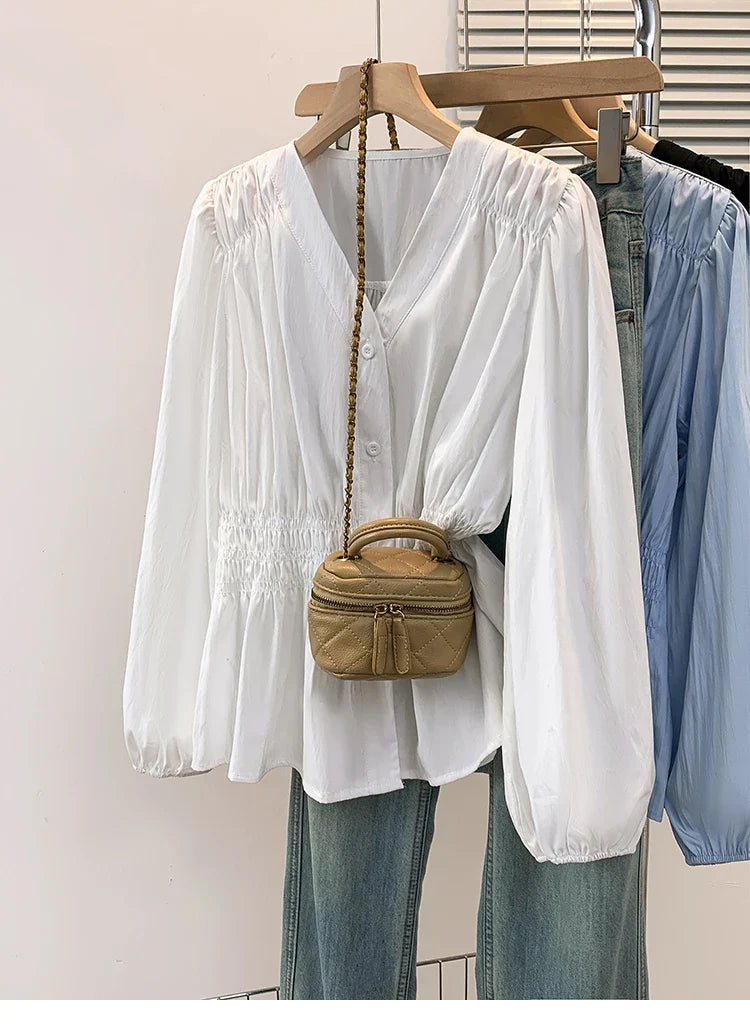 2026 V-neck Long Sleeved Plus Size Shirt Loose Pleated Ruffle Oversized Tops Ladies Chic Elegant Solid Versatile Blouse