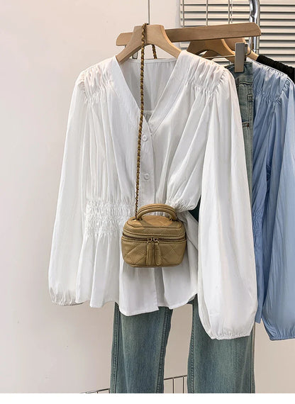 2026 V-neck Long Sleeved Plus Size Shirt Loose Pleated Ruffle Oversized Tops Ladies Chic Elegant Solid Versatile Blouse