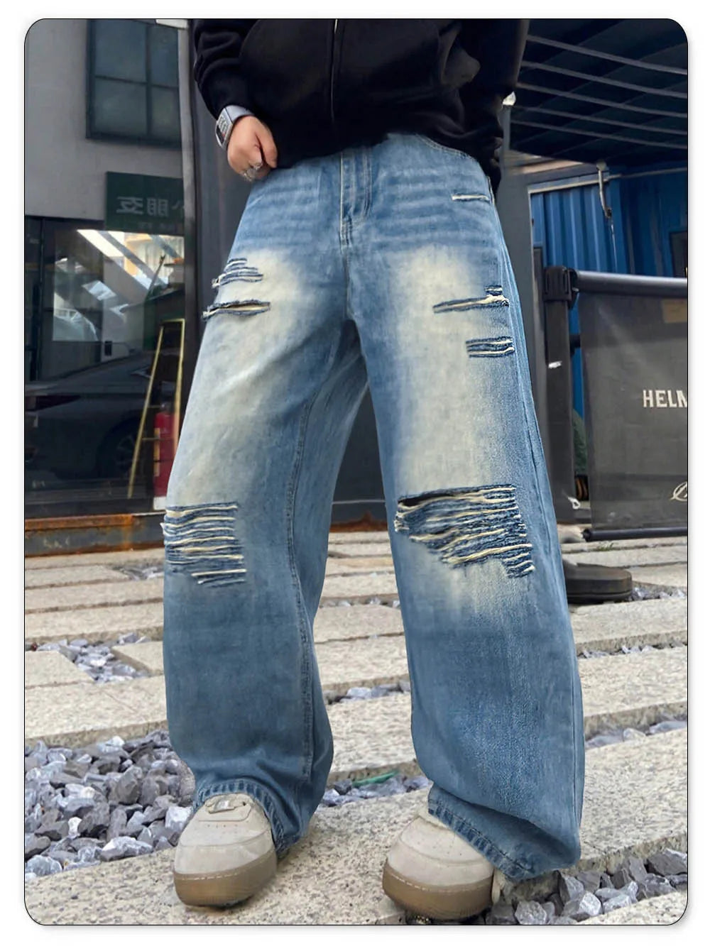 LIYS American Retro Blue Baggy Wide Leg Men's Jeans Four Seasons Street Straight Casual Ripped Denim Pants Youth Clothes Unisex