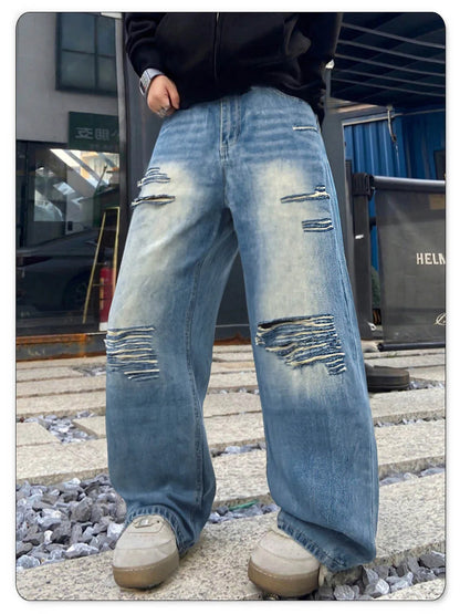 LIYS American Retro Blue Baggy Wide Leg Men's Jeans Four Seasons Street Straight Casual Ripped Denim Pants Youth Clothes Unisex