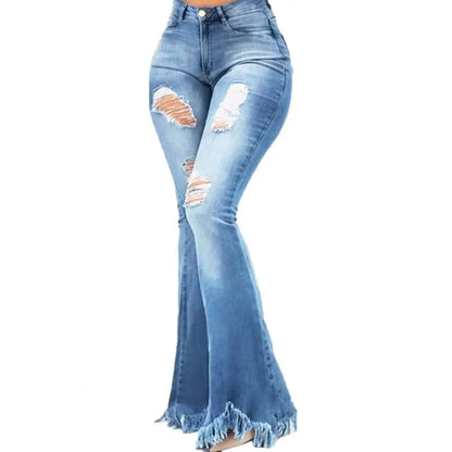 Women Flared Pants High Waist Pockets Ripped Holes Bell Bottom Trousers
