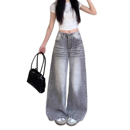 High Waist Wide Leg Grey Washed American Style Jeans
