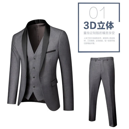 US Size Men Lapel Black Collar 3 Pcs Suit Set Coat Vest Trousers / Business Groom Wedding Dress Fprmal Blazer Pants Waistcoat