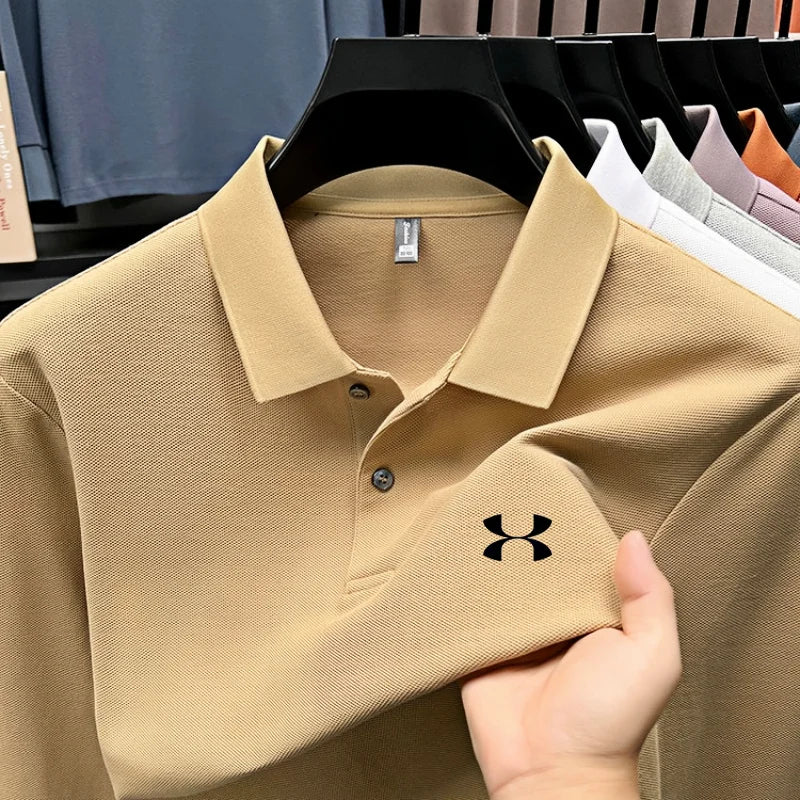 Men's brand polo shirt letter printed long sleeved top spring new 100% cotton casual sports breathable lapel fashionable T-shirt