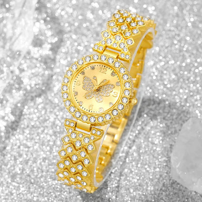 5PCS Fashion Rhinestone Butterfly Dial Women Quartz Watch Elegant Ladies Bracelet Wristwatch Jewelry Set Reloj Mujer（Without Box