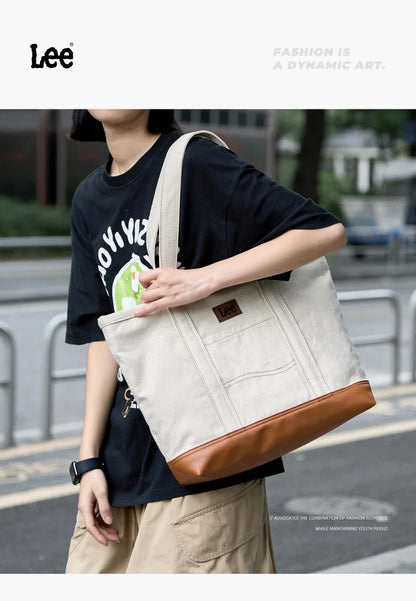 Unisex Utility Canvas Leather Zipper Tote Bag Casual Denim Daily Shopping Handbag Women Man Durable Student School Book Bag