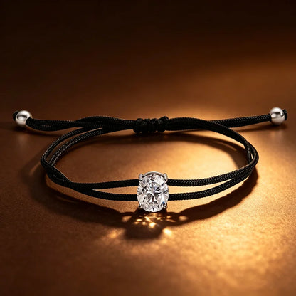 3CT Oval Cut Moissanite Braided Cord Bracelets for Women Men Adjustable Sliding-Knot Dainty Pure S925 Silver Chain D VVS1
