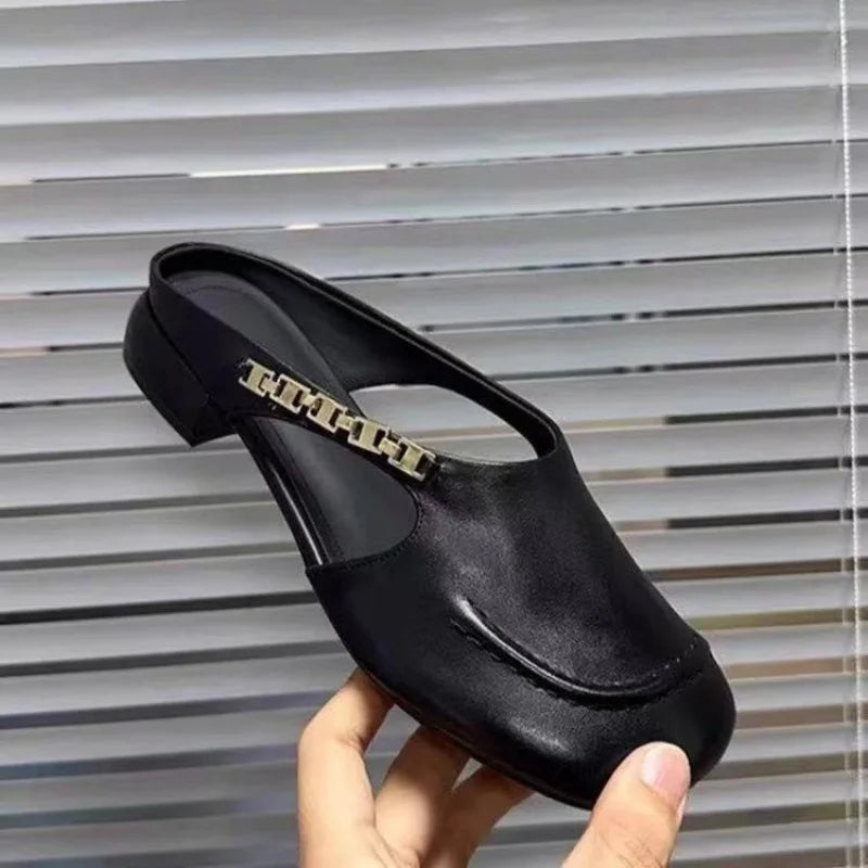 Women's Stylish Genuine Leather Mule Loafers with Metal Buckle Low Heel Slip On Flats Casual Driving Shoes