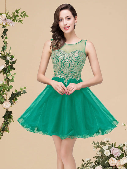 Vestidos Curtos Roxo de Baile com Apliques Dourados, Decote Ilusão A-Line, Mini Vestidos de Festa da Moda para Mulheres, Robe De Soirée