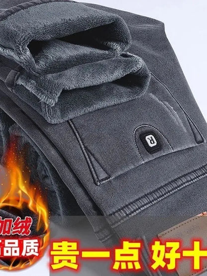 Winter New Fashionable Solid Color With Thick Fleece and Warm Straight Leg Elastic Jeans For Men's Casual Sports High-end Jeans