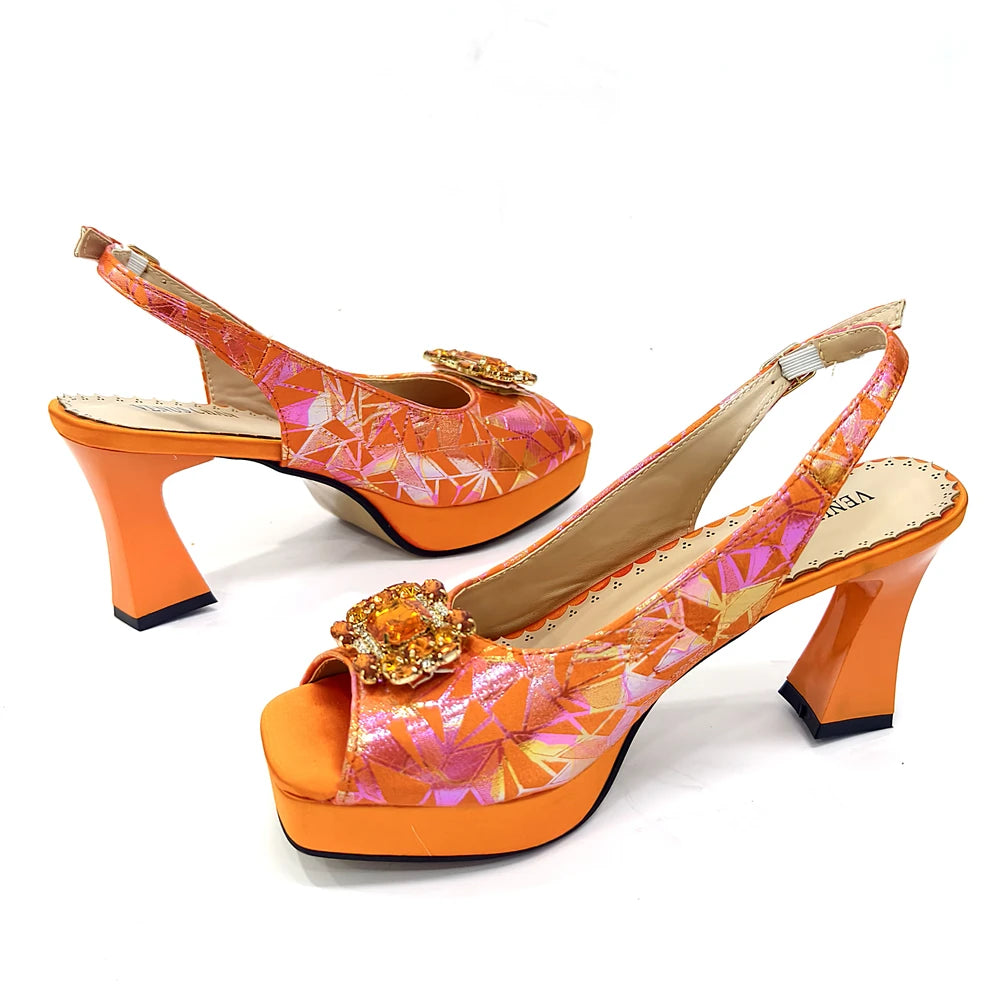 Elegant Women Heels for Peep Toe Good Material Design Rhinestone Fuchsia Sandals Italian Shoes and Bags Matching Set 2025