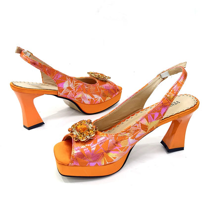 Elegant Women Heels for Peep Toe Good Material Design Rhinestone Fuchsia Sandals Italian Shoes and Bags Matching Set 2025