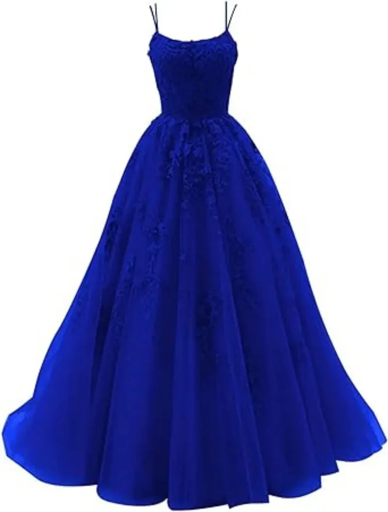 Tulle Spaghetti Straps Prom Dresses Long Lace Appliques Ball Gowns for Women