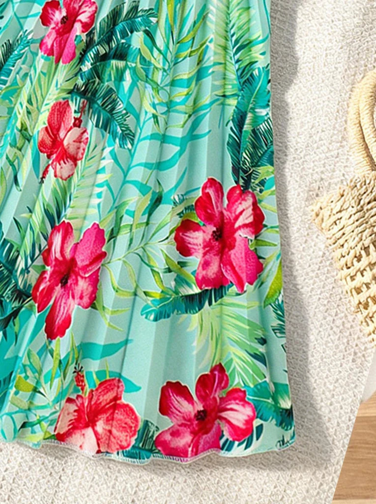 Girls' vacation style cross shoulder strap dress with tropical plant pattern pleated skirt lively and fresh beach travel